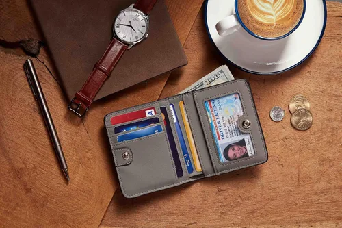 Miniatura 6 de Gostwo - Cartera compacta de piel genuina de lujo para mujer con bloqueo de RFID y ventana de identificación