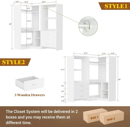 Miniatura 7 de Aheaplus Sistema de armario con 3 cajones, 2 varillas para colgar y torre de esquina, sistema de armario de esquina con colgante, organizador