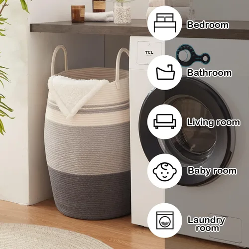 Miniatura 5 de OIAHOMY Cesta de lavandería tejida de cuerda, tamaño grande, con asas extendidas para ropa y juguetes, cesta alta de 25.6 pulgadas, plegable