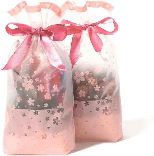 Miniatura 5 de SumDirect Bolsas de regalo de plástico rosa con cordón – 50 bolsas de regalo de 6 x 9 pulgadas, bolsas de regalo de flor de cerezo para fiesta