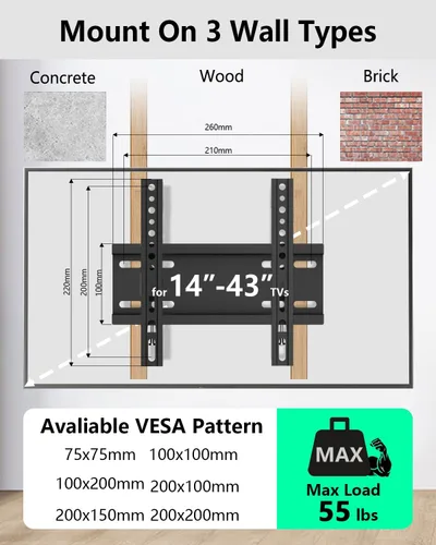 Miniatura 3 de Soporte fijo de pared para televisores de pantalla plana de 14 a 43 pulgadas, soporte de montaje de TV de perfil bajo que soporta 55 libras, soporte