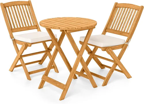 Miniatura 9 de Giantex Juego de 3 piezas de mesa plegable de madera, 2 sillas acolchadas para jardín, muebles de exterior mesa redonda (natural y beige)