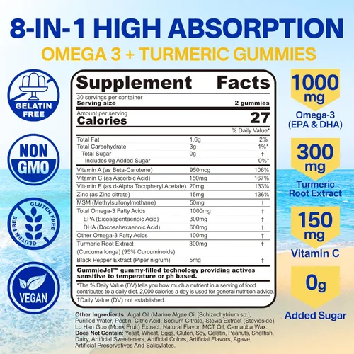 Miniatura 2 de Gomitas veganas Omega-3 de 1000 mg + cúrcuma, alternativa al aceite de pescado Omega 3 para adultos, algas DHA de 600 mg y EPA 300 mg, vitaminas A