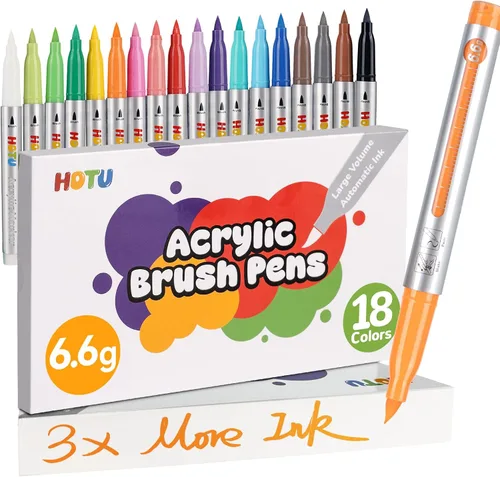 HOTU Marcadores de pintura acrílica de larga duración, punta de pincel, 18 colores, control automático de tinta, marcadores acrílicos para adultos,