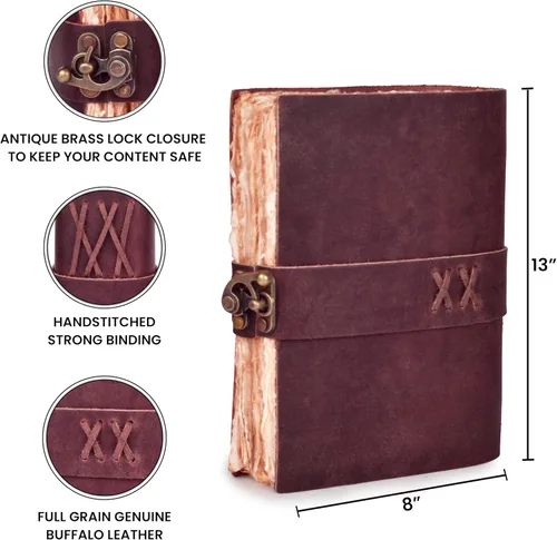 Miniatura 5 de Leather Village Cuaderno encuadernado en piel vintage para mujeres y hombres - Libro de sombras - Cierre con llave - 200 páginas de papel hecho a