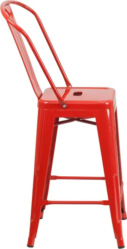 Miniatura 7 de Merrick Lane Taburete de altura de mostrador de la serie Dothan - Acabado rojo - Marco de metal con soporte cruzado - Práctico respaldo extraíble