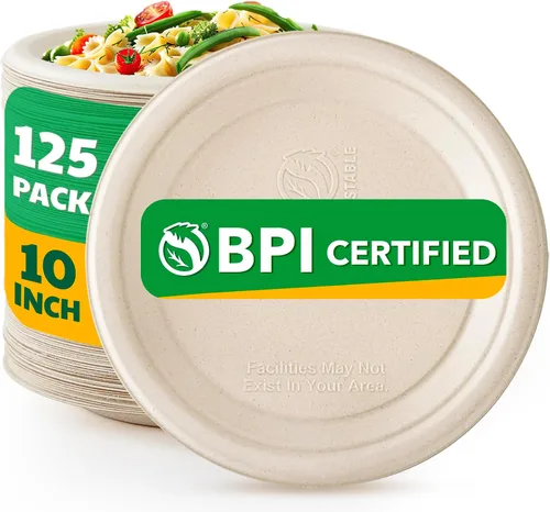 Miniatura 12 de Biodegradable Bagasse - 125 platos de papel compostables, platos desechables resistentes de 6 pulgadas, platos de postre a granel para fiestas