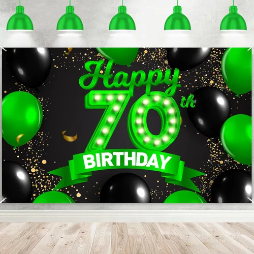Miniatura 64 de Cartel de feliz cumpleaños 26 verde y negro, telón de fondo con texto en inglés "Cheers to 26 years old confeti", globos de confeti, decoración