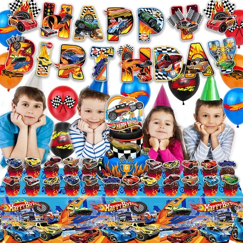 Miniatura 4 de Decoraciones de fiesta temática de autos calientes, suministros para fiesta de cumpleaños con volante de carreras, incluye pancarta de feliz