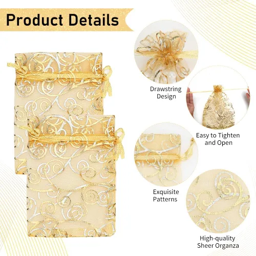 Miniatura 3 de Bolsas de organza doradas, 100 bolsas de organza transparente, bolsa de malla dorada con cordón de 3 x 4 pulgadas, bolsas de regalo impresas