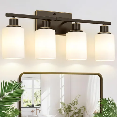 Miniatura 30 de Indoi Lámparas de baño de 4 luces, luces de tocador de níquel cepillado con pantallas de vidrio transparente, moderna lámpara de pared de baño