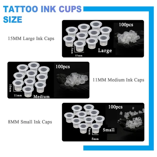 Miniatura 4 de Emalla Kit de tapa de tinta de tatuaje, 300 tapas de tinta mixtas para tatuajes, 100 pequeñas, 100 medianas, 100 vasos de tinta de tatuaje grandes