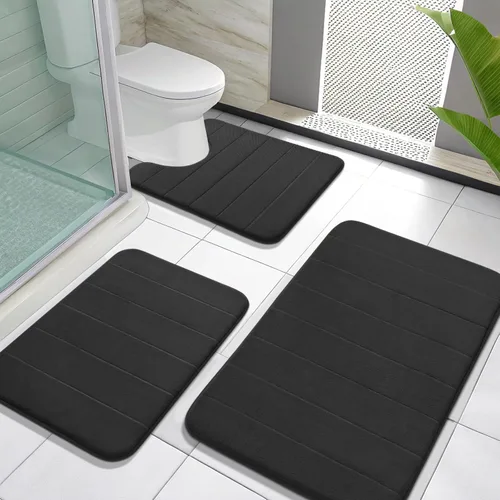 Miniatura 26 de Yimobra Juego de 3 tapetes de baño de espuma viscoelástica con alfombra de inodoro en forma de U, antideslizantes, súper suaves, absorbentes, de Gris