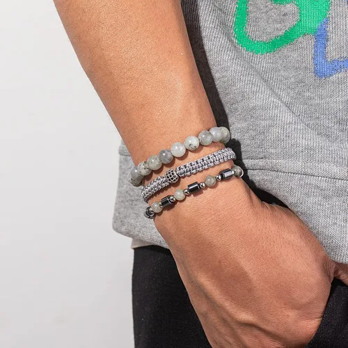 Miniatura 2 de Juego de pulseras de cuentas para hombre de 0.315 in y 0.157 in de piedras preciosas curativas trenzadas con dije de circonita cúbica, pulsera