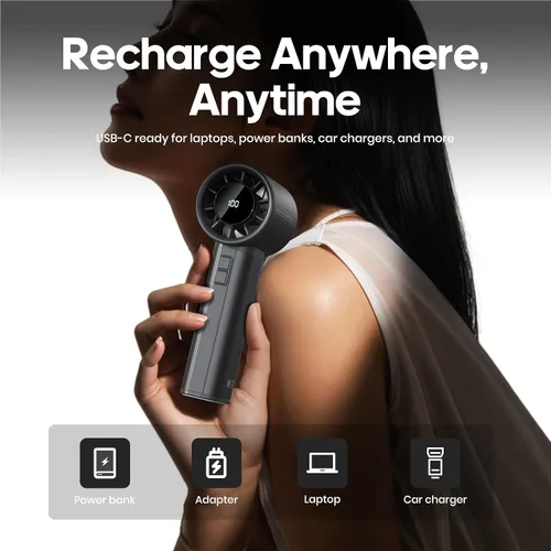 Miniatura 5 de Ventilador turbo portátil de mano, mini ventilador personal ajustable, funciona con batería recargable USB-C, pantalla digital, ultra silencioso