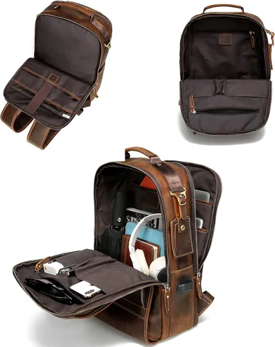 Miniatura 4 de LANNSYNE Mochila de cuero genuino vintage para hombres 15.6 pulgadas portátil bolsa de noche fin de semana camping mochila, Marrón, Mochilas