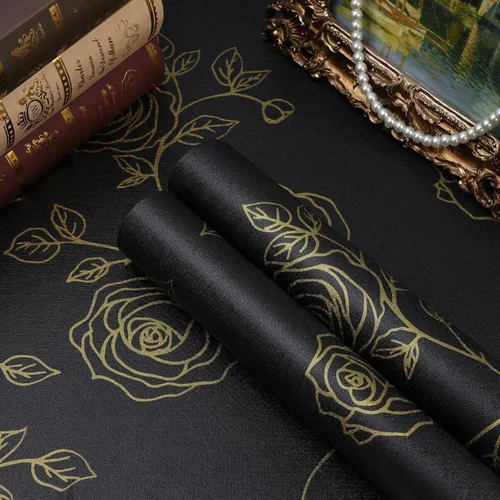 Amiya Papel tapiz floral negro y dorado, línea de papel tapiz para despegar y pegar, estilo bohemio, retro, renovación de dormitorios, armarios,