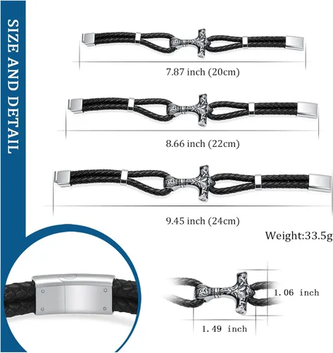 Miniatura 2 de constantlife Viking Thor's Hammer - Pulsera de cremación para cenizas para hombres, pulsera de cuero trenzado, brazalete conmemorativo de urna