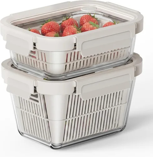 Miniatura 12 de GENICOOK Contenedores de almacenamiento de vidrio para refrigerador, paquete de 2 – Recipientes herméticos para frutas y verduras con coladores