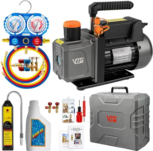 VTG VOGTEN 4.5 CFM Bomba de vacío y juego de medidor de aire acondicionado, para sistemas Mini Split/HVAC/Auto, kit de manómetro de colector