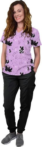 Conjunto médico de enfermería para mujer, camiseta estampada GT 4FLEX y pantalón deportivo, piedra preciosapantalón negro, talla XL, GemstoneBlack