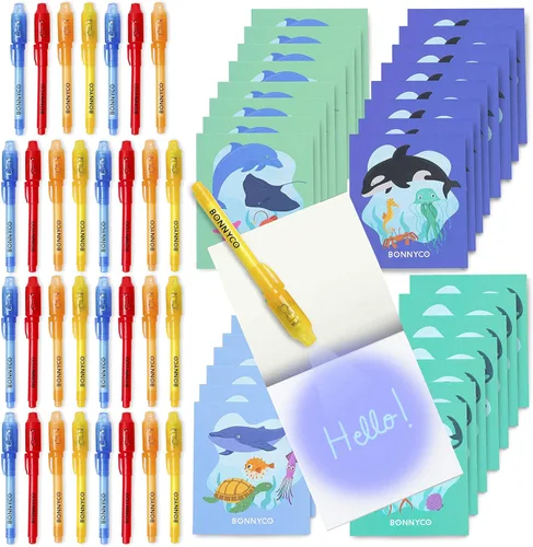 BONNYCO Paquete de 32 Bolígrafos de Tinta Invisible y Cuadernos, Recuerdos de Fiesta Bajo el Mar. Recuerdos de Fiesta del Océano para Niños,