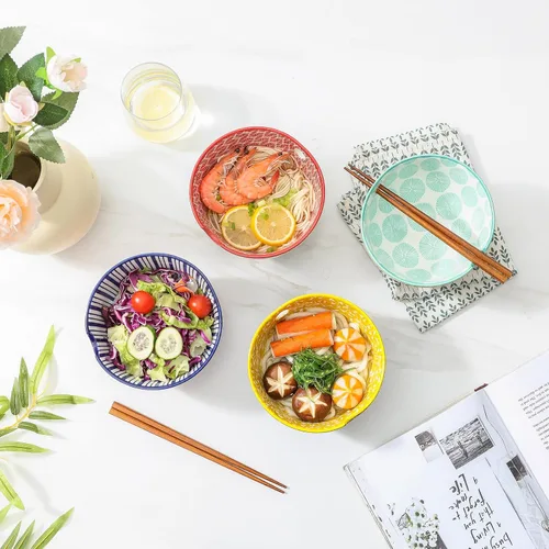 Miniatura 4 de Selamica Juego de cuencos de cerámica para ramen, cuencos de fideos de 15 onzas para cocina con palillos, cuencos profundos para sopa japonesa