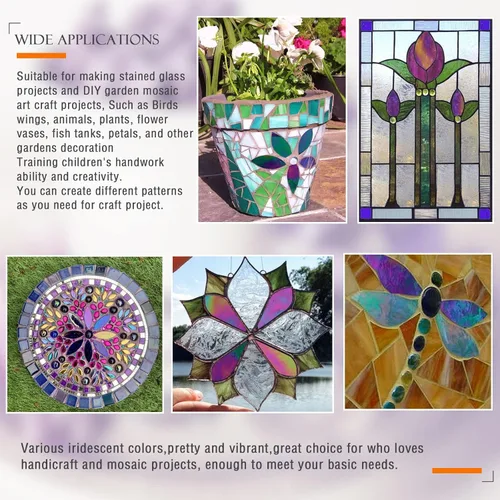 Miniatura 6 de LITMIND 120 piezas de azulejos de mosaico de hojas iridiscentes de vidrieras – pétalos precortados para manualidades, tamaños mixtos con archivos