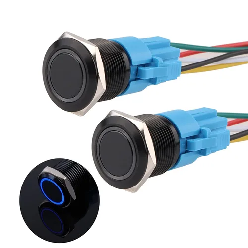 Miniatura 20 de Interruptor de botón con cierre de 0.630 in, anillo 3A, LED, 12V-24V, interruptor de botón de metal negro, carcasa de aluminio autobloqueante