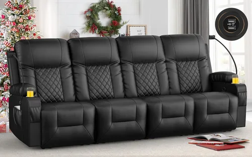 Miniatura 11 de FURNIMAT Sofá reclinable, sofá reclinable doble de 3 asientos, sofá biplaza de piel sintética, moderna silla reclinable para sala de estar, con Negro