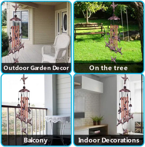Miniatura 6 de Campanillas de viento de colibrí para jardín, decoración al aire libre, con 4 tubos, 6 campanas, 7 colibríes, captador de viento romántico