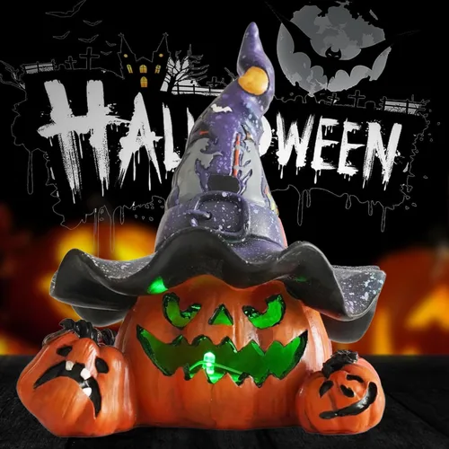 Miniatura 5 de Hodao Decoraciones de calabaza de Halloween con luz, sombrero de bruja hecho a mano, adornos de calabaza para decoración de Halloween, decoración