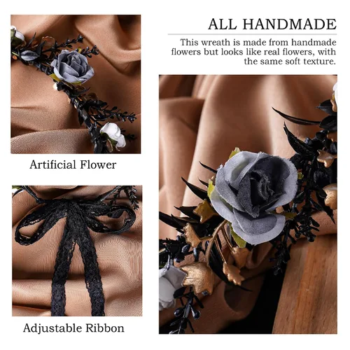 Miniatura 3 de MOSTORY Tocado de flores negras, corona floral de hada, corona de elfo oscuro, círculo de elfos para el Renacimiento, Halloween, gótico, boda