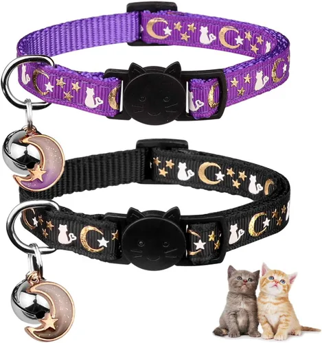 Miniatura 15 de Baeuppit 2 piezas de collares de gato separables con campana, lunas, estrellas, lindos collares ajustables para gatitos con colgante que brillan