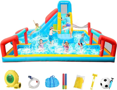 Doctor Dolphin Casa de rebote para niños, casa inflable con tobogán, casa hinchable para niños, castillo hinchable para tobogán acuático inflable
