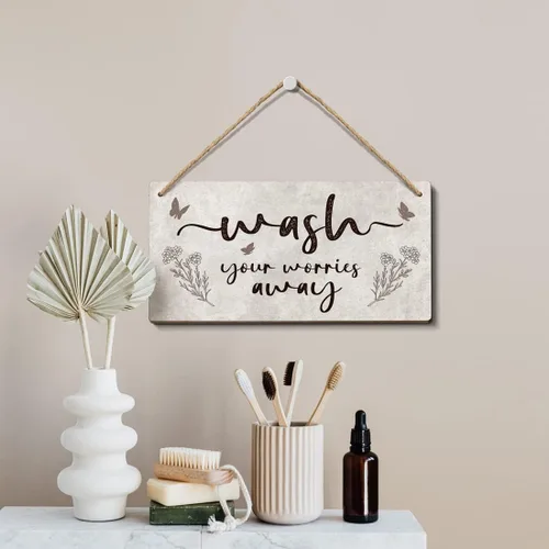 Miniatura 5 de Heuhuww Decoración de Pared de Baño - Letrero "Lava Tus Preocupaciones" 15x30 cm, Letreros Inspiracionales para Tina, Baño, Lavandería, Polvo