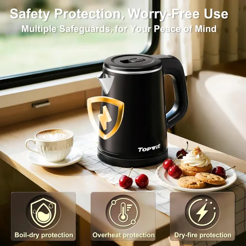 Miniatura 4 de Hervidor eléctrico pequeño de 0.8 L, hervidor de viaje portátil de acero inoxidable – 800 W de ebullición rápida, apagado automático y protección