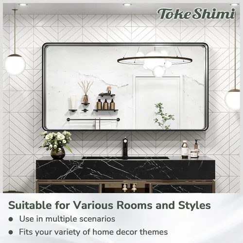 Miniatura 8 de TokeShimi - Espejo rectangular de tocador para pared, con marco de metal y esquinas redondeadas, decoración del hogar, baño, sala de estar y Negro