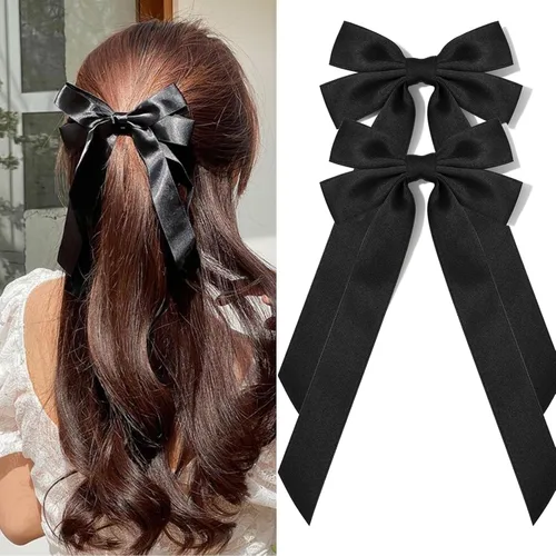 Lazos de satén sedoso y pinzas de cocodrilo, soportes para cola de caballo de cinta negra, accesorios para el cabello para mujeres, niñas, niños