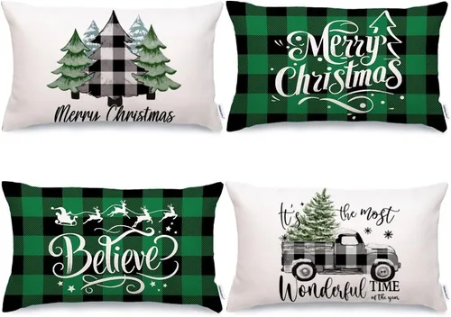 Miniatura 12 de GEEORY Fundas de Almohada Decorativas Feliz Navidad 16x16 Pulgadas Juego de 4, Árboles de Navidad Camión Cuadros Buffalo Azul Believe Estilo Granja