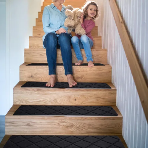 Miniatura 7 de Peldaños de escalera para escalones de madera, 15 unidades, 8 x 30 pulgadas, alfombras antideslizantes para interiores, para niños, ancianos y Negro