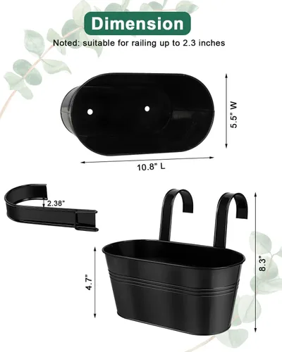 Miniatura 2 de Macetas de barandilla de metal para plantas al aire libre – 5 macetas colgantes de balcón con ganchos desmontables y agujeros de drenaje, macetas
