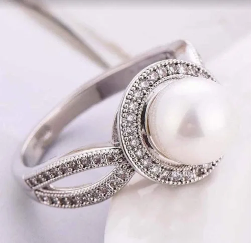 Miniatura 2 de Xiaomei Anillo de plata de ley 925 con perlas y zafiro blanco para mujer, con perlas blancas, anillo de compromiso de boda, talla 6-10 (talla 8)
