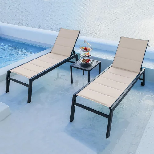 Miniatura 11 de PURPLE LEAF Juego de 2 tumbonas de aluminio para patio al aire libre con ruedas y mesa auxiliar, tumbona de piscina para jardín al aire libre, junto