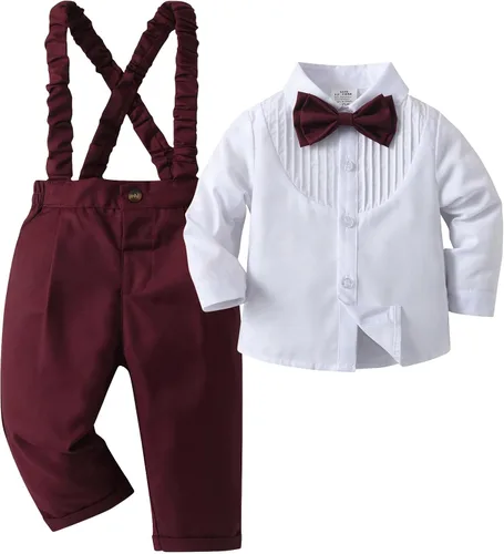 Conjunto de pantalones para bebé, camisa de manga larga + pantalones + corbatín + tirantes, trajes de caballero para niños pequeños