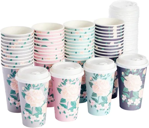 BLUE PANDA Tazas de café de papel, 16 onzas, 48 unidades, 4 colores florales pastel, tazas desechables con tapas para café caliente y frío y té para