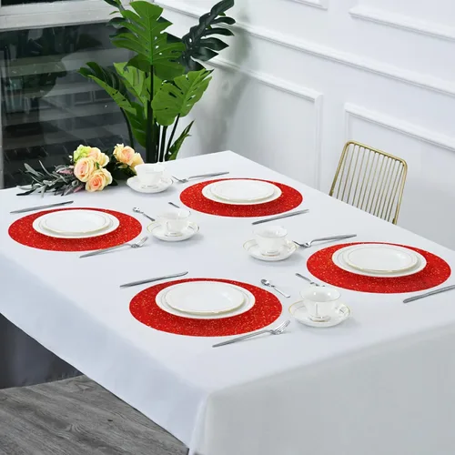 Miniatura 7 de Juego de 4 manteles individuales redondos de lentejuelas rojas con purpurina roja, juego de 4 manteles individuales de 15.4 pulgadas para cocina