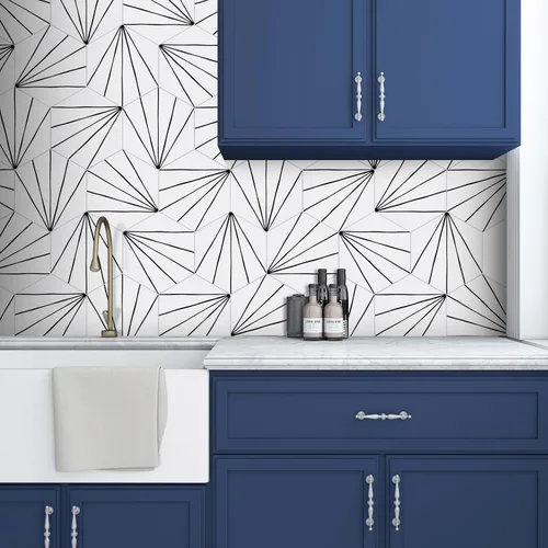 Miniatura 8 de Adhesivo de 45 hojas para despegar y pegar, 6 x 7 pulgadas, diseño de flores hexagonales de estilo Art Deco color blanco, para cocina, baño, ducha