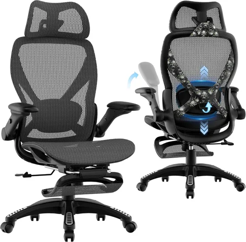 Miniatura 11 de ELABEST X100 Silla de oficina ergonómica de malla con reposapiés, silla de escritorio grande y alta con brazos abatibles 5D, soporte lumbar 3D
