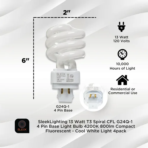 Miniatura 2 de Bombilla de luz CFL espiral T3 de 13 vatios, 4 pines, base G24Q-1, 4200K, 800 lm - Fluorescente compacta - Luz blanca cálida, paquete de 4